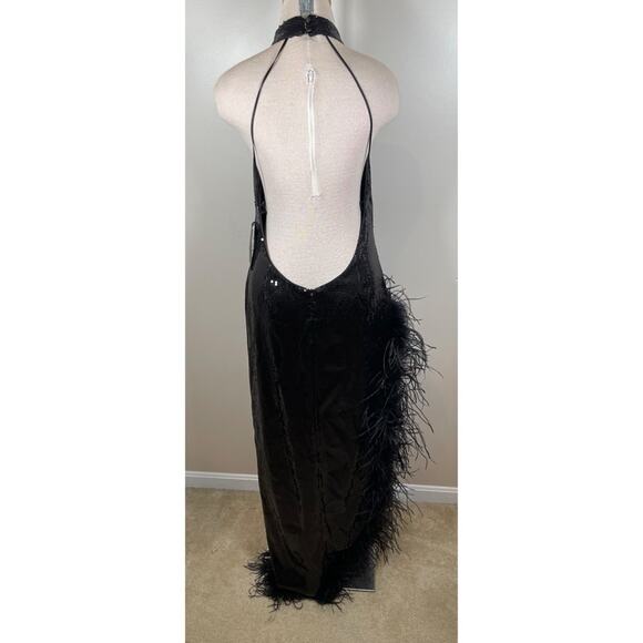 Retrofete Vixen Sequin Feather Hem High Slit Halterneck Maxi Dress Size Large - Picture 10 of 12